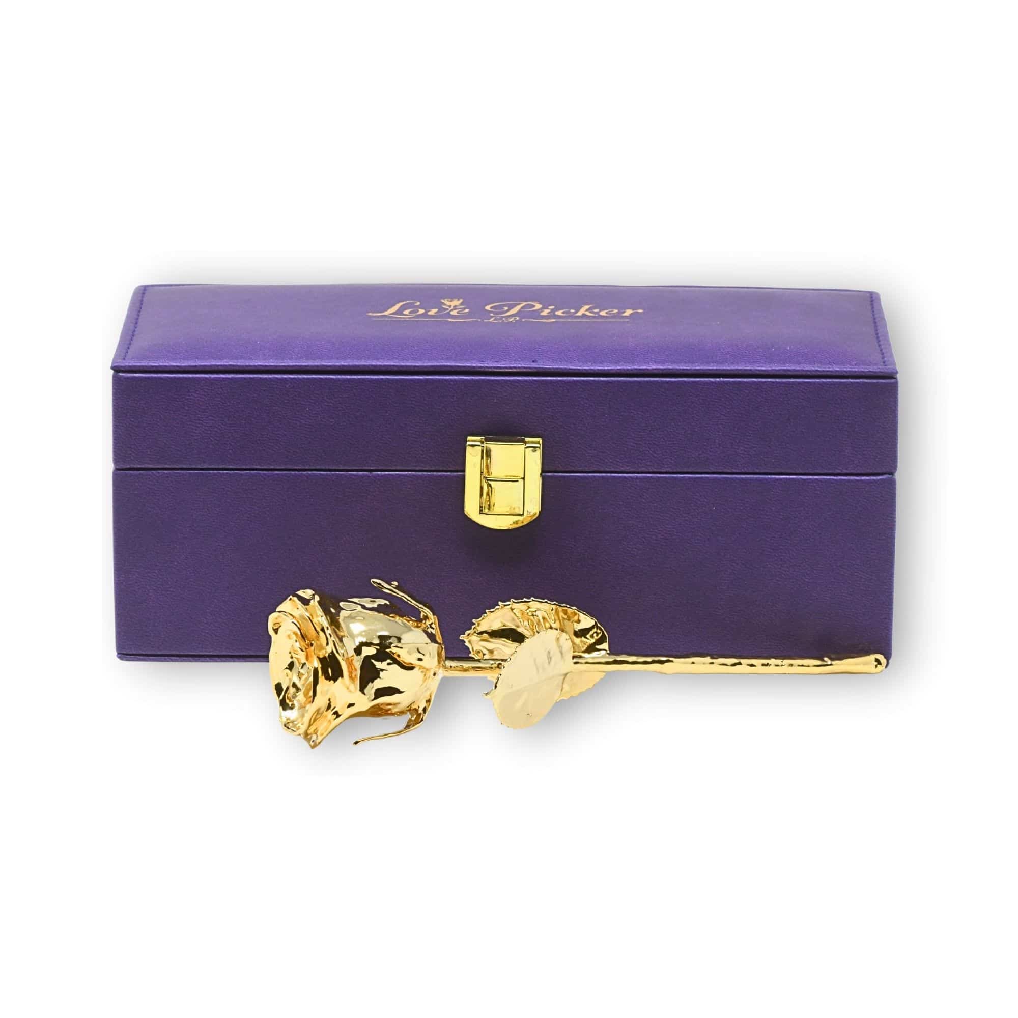 Gold rose-shaped object with a purple box labeled 'Love Picker' on a white background