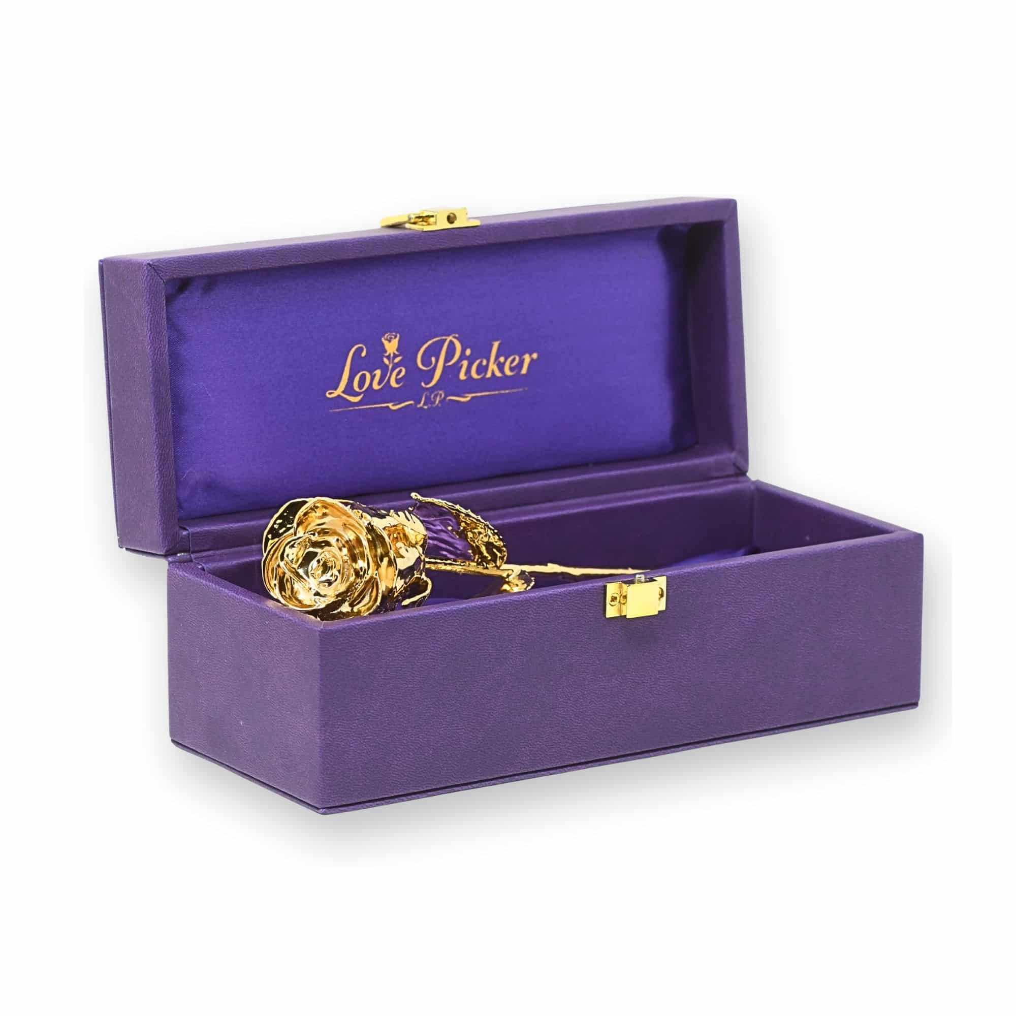 Gold rose in a purple 'Love Picker' box on a white background