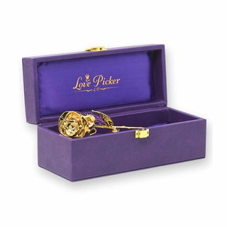 Gold rose in a purple 'Love Picker' box on a white background