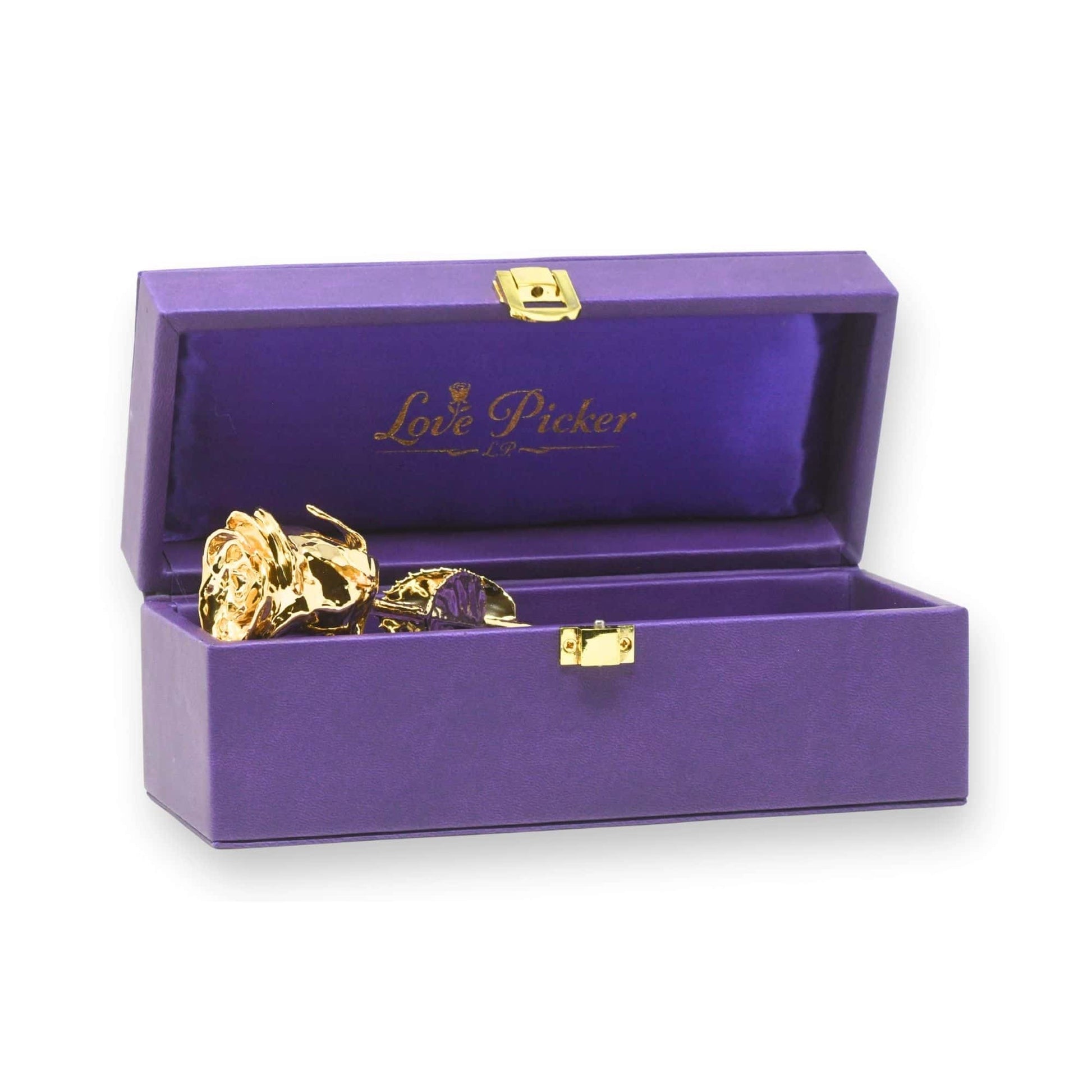 Gold dipped rose in a purple 'Love Picker' box on a white background