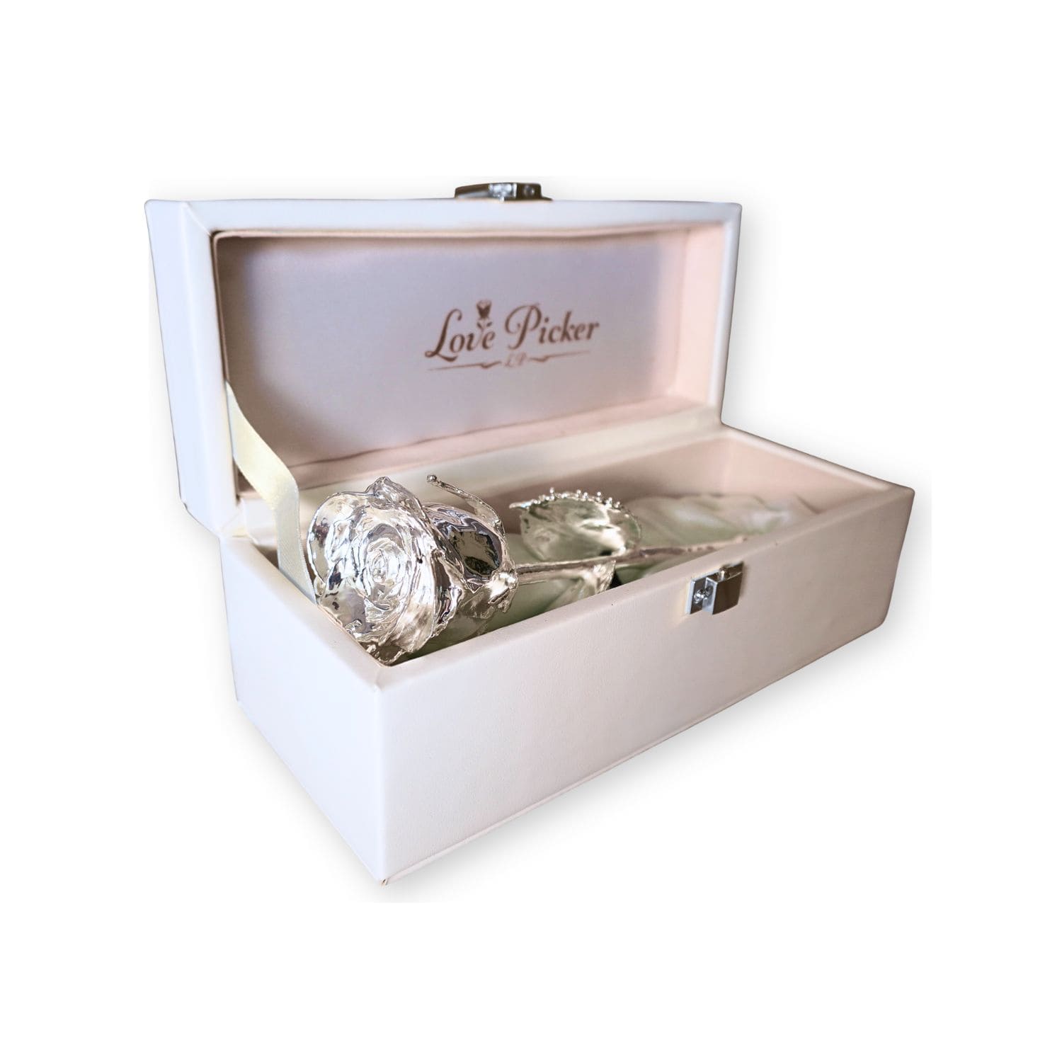 Silver rose in a white box with 'Love Picker' branding on a white background