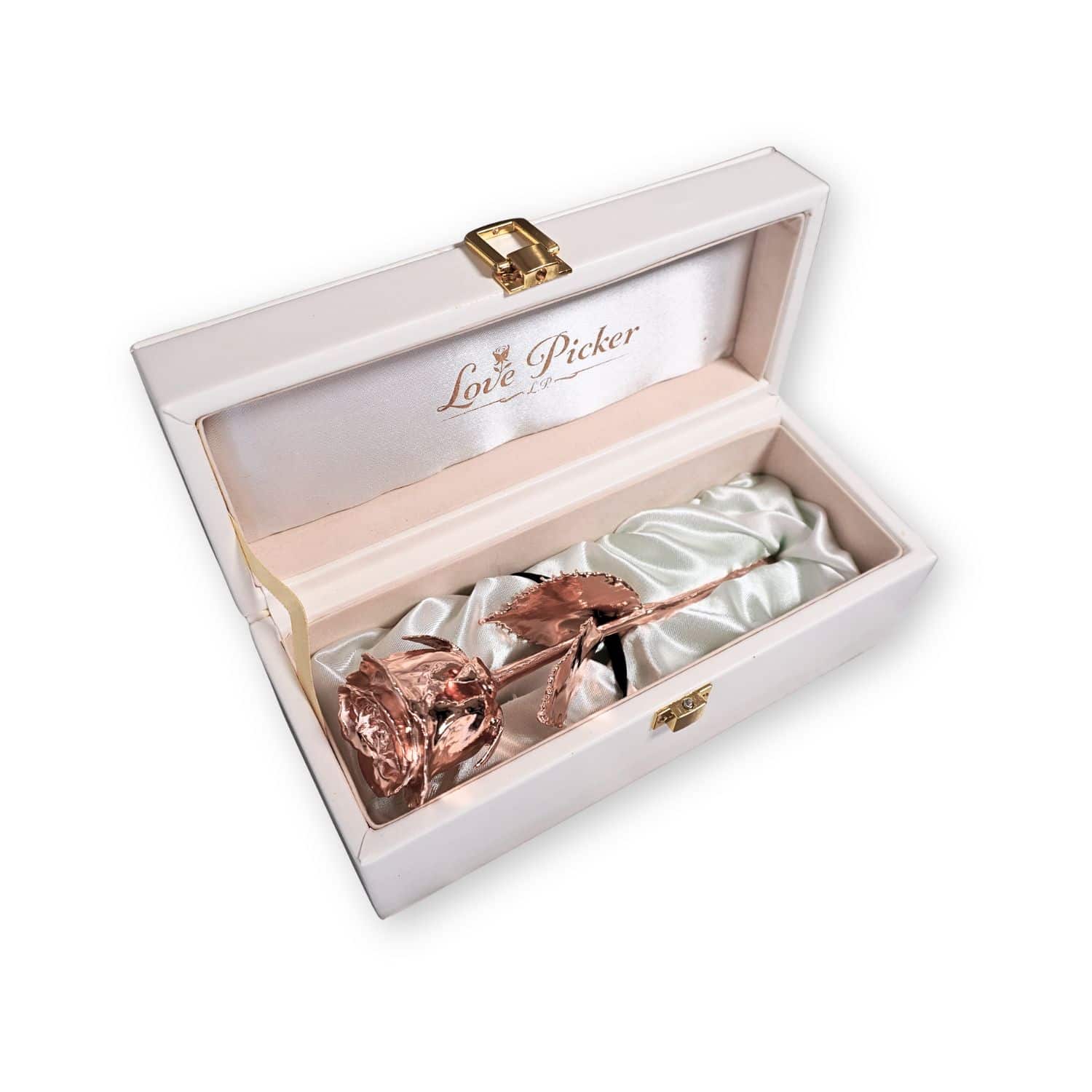 Rose gold rose in a white box with 'Love Picker' branding on a white background