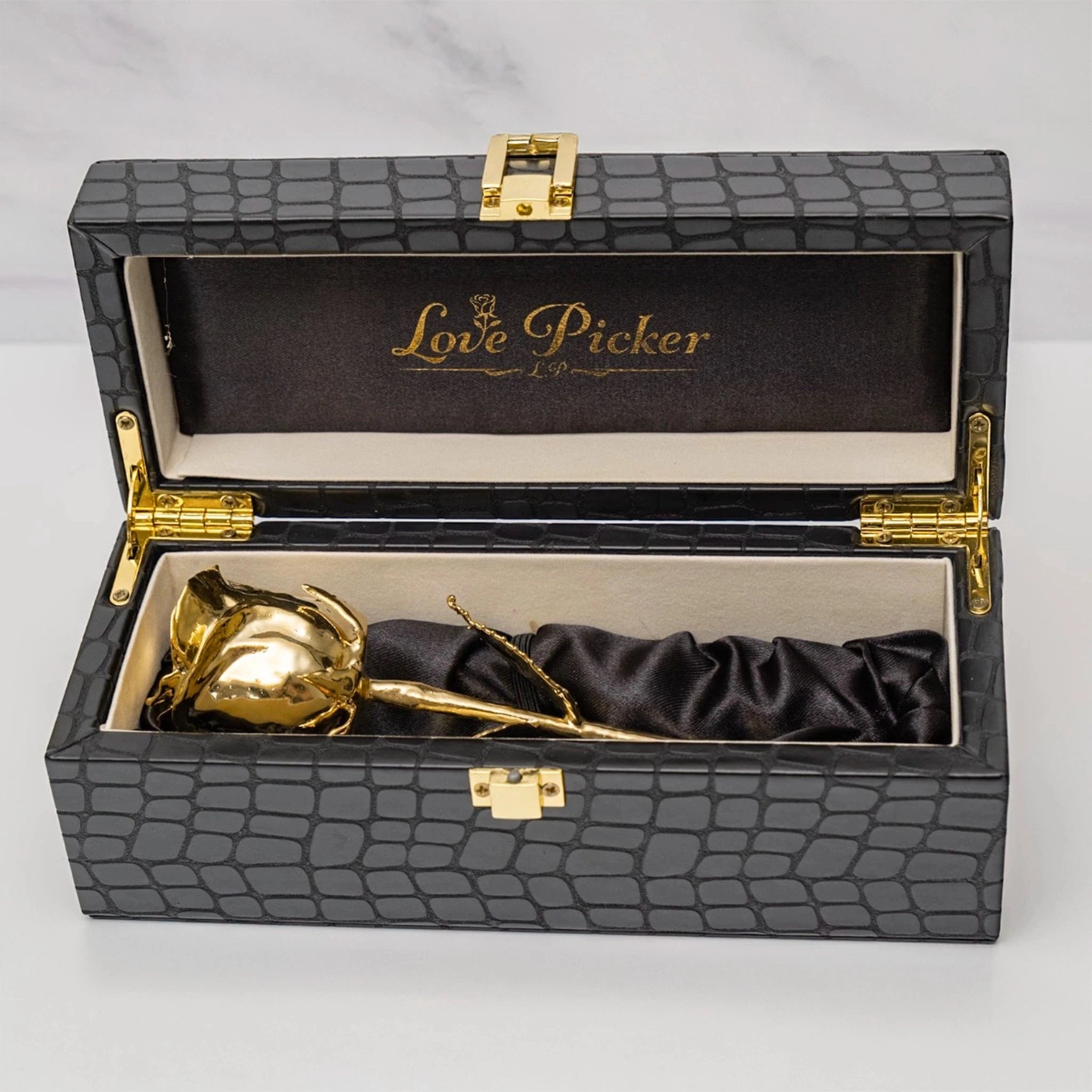 Engraved Black Croc Vegan Leather Box - 7″ Rose