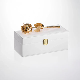 24K gold preserved rose displayed on a white gift box, luxury anniversary gift