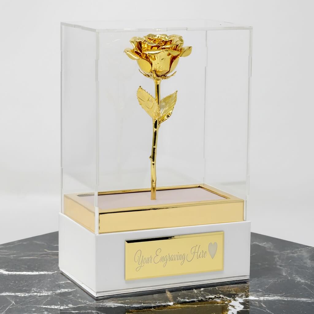 Gold rose in a clear glass box on a marble surface with a white background