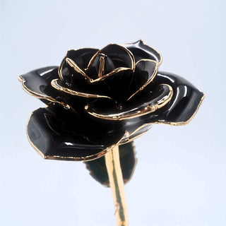 Black open bloom preserved rose with 24K gold accents, bloom close-up