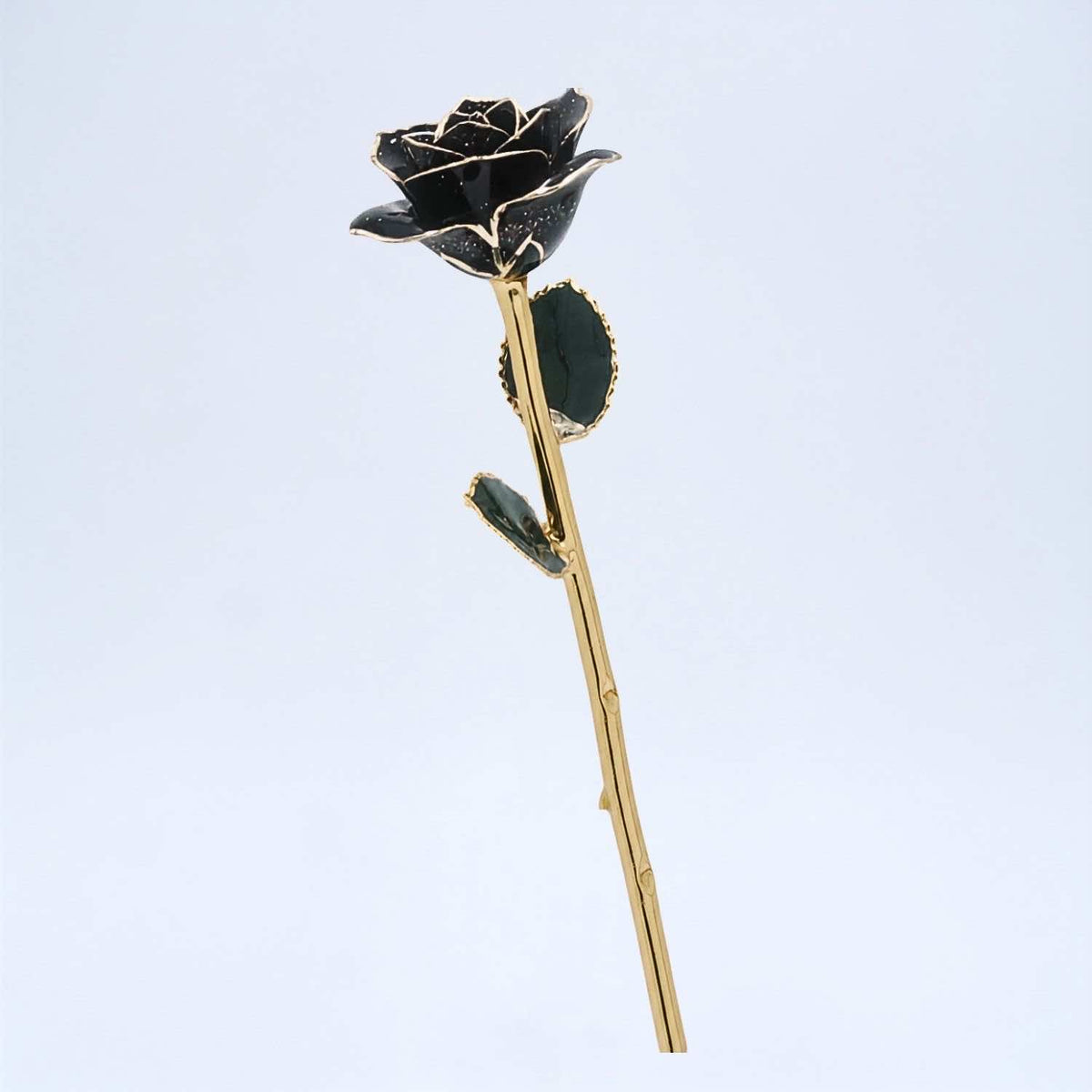 Black galaxy glitter open bloom rose with 24K gold accents, full side view