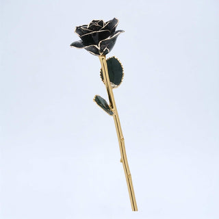 Black galaxy glitter open bloom rose with 24K gold accents, full side view