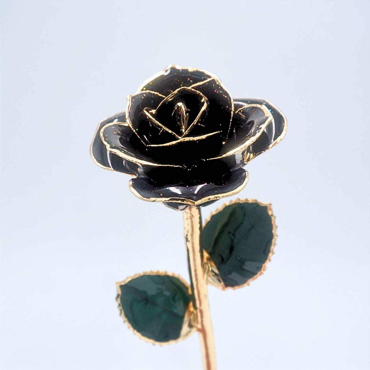 Black galaxy glitter open bloom rose with 24K gold accents, angled half-length view