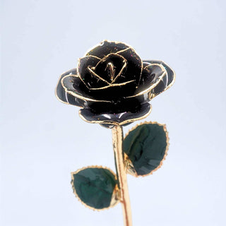 Black galaxy glitter open bloom rose with 24K gold accents, angled half-length view