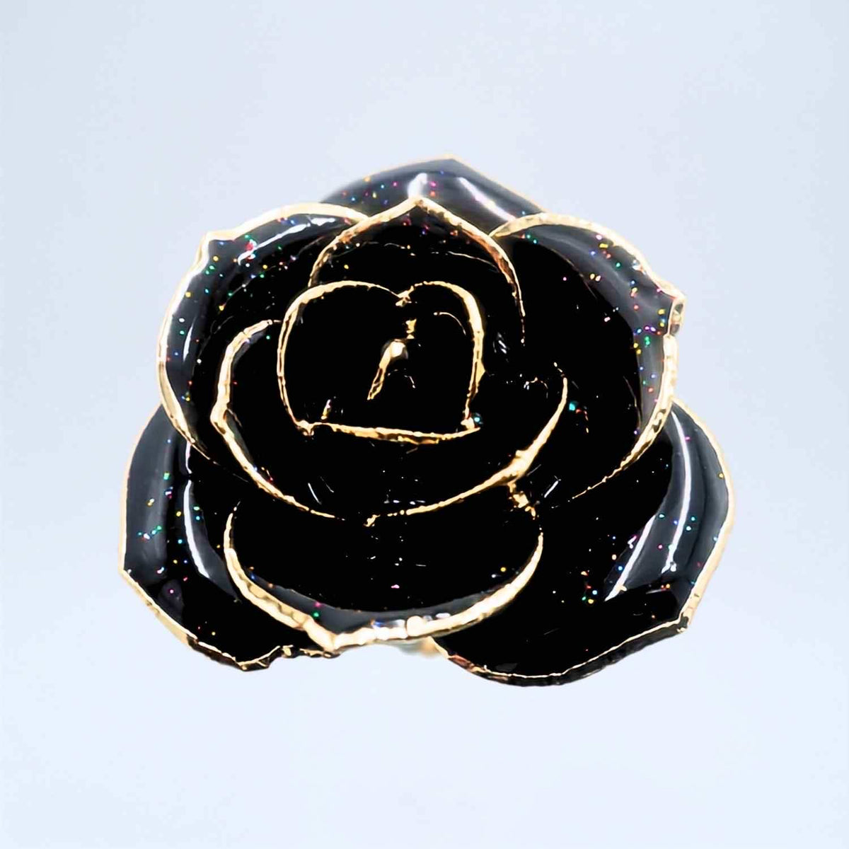 Black galaxy glitter open bloom rose with 24K gold accents, close-up bloom view