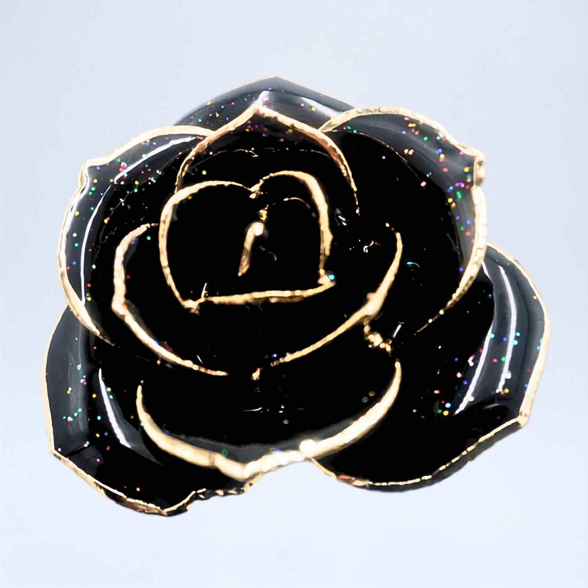 Black galaxy glitter open bloom rose with 24K gold accents, close-up bloom view