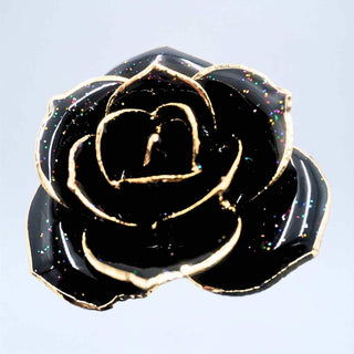 Black galaxy glitter open bloom rose with 24K gold accents, close-up bloom view