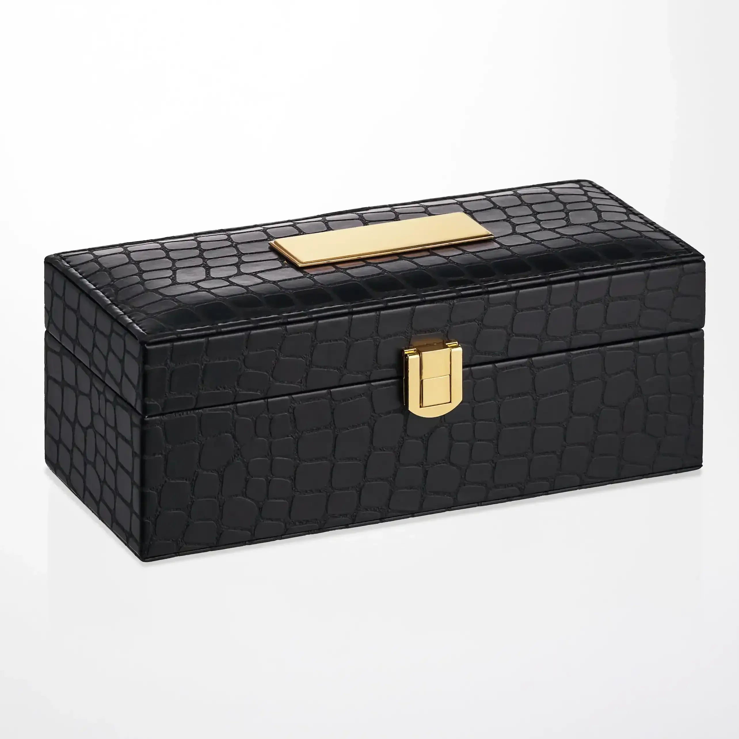 Gravierad svart krokodilåder veganläderbox - 7″ ros