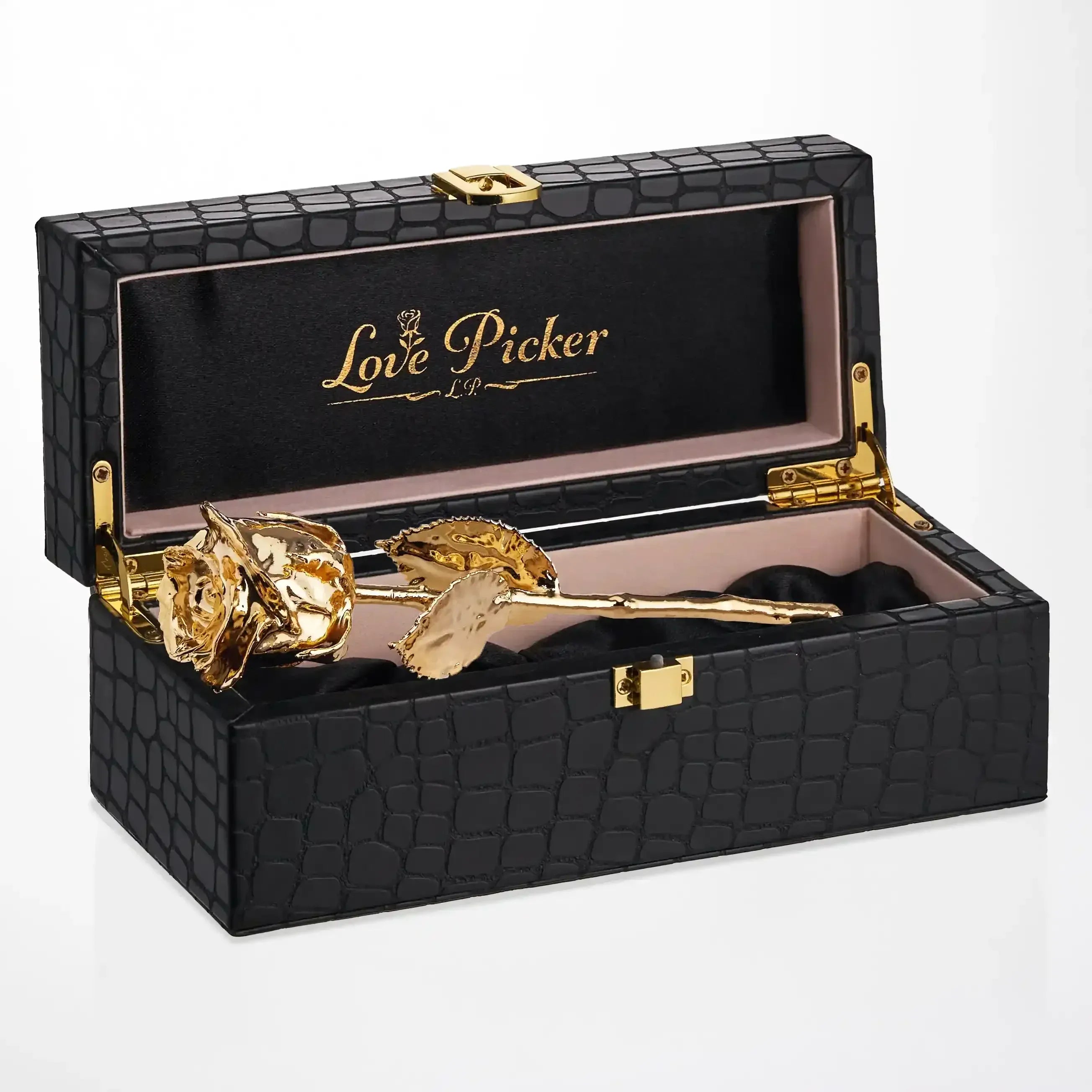 Engraved 24K Gold Rose in Black Croc Vegan Leather Box – 7″ Real Engraved 24K Gold Rose in Black Croc Vegan Leather Box – 7″ Real