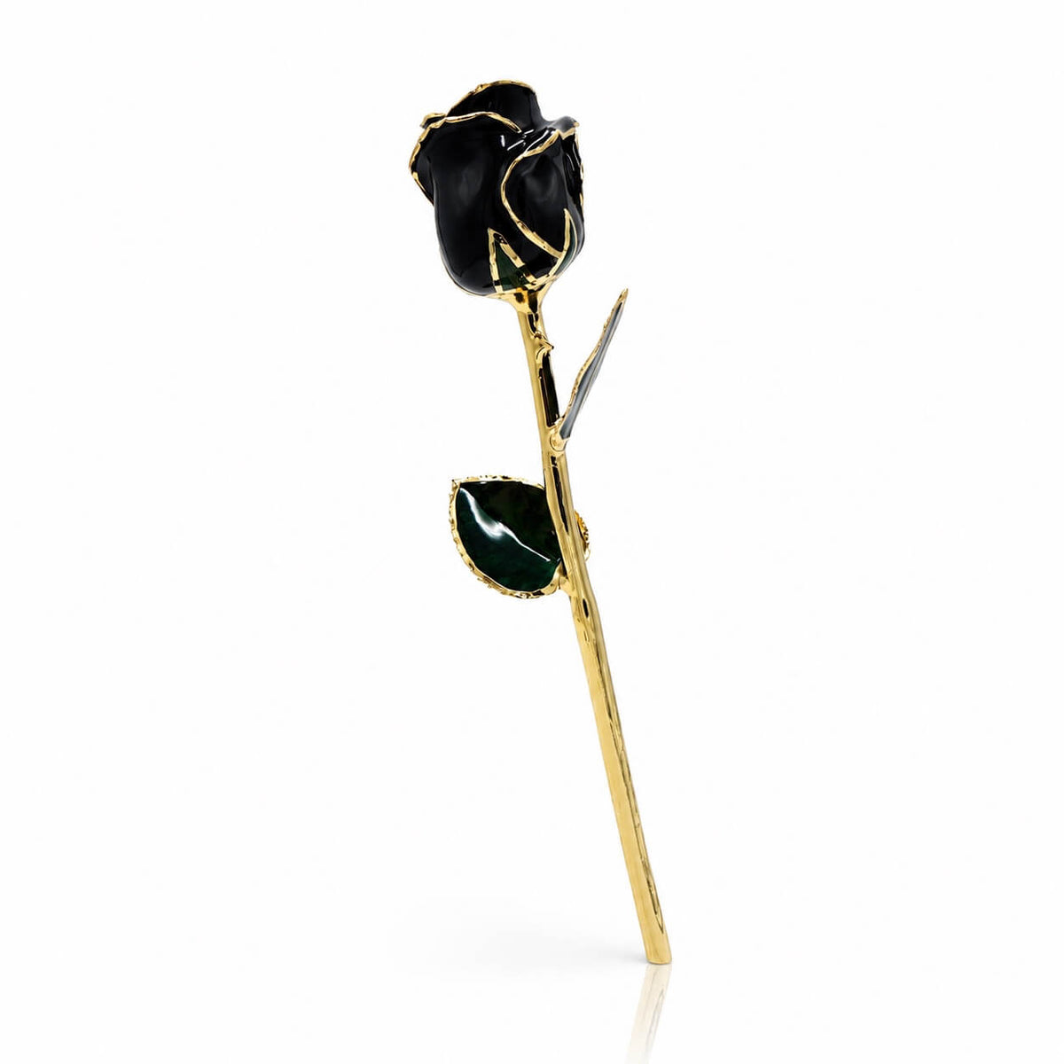 Black 11.5-inch closed bud preserved rose with 24K gold accents, full-length view