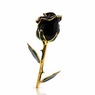 Black 11.5-inch closed bud preserved rose with 24K gold accents, bloom close-up