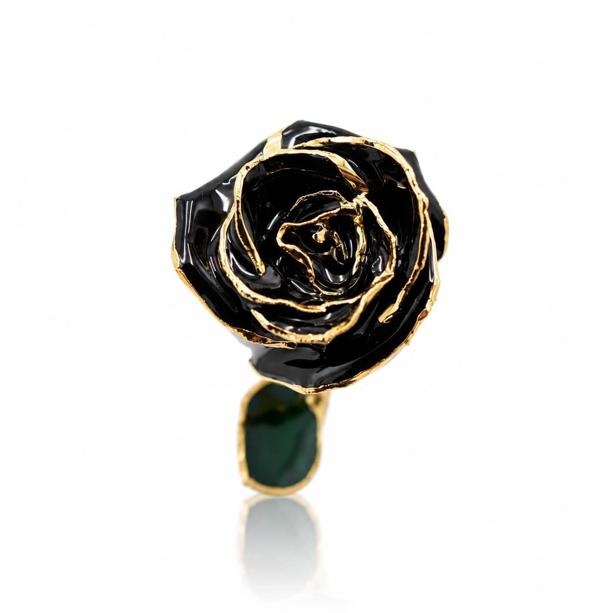 Black 11.5-inch closed bud preserved rose with 24K gold accents, close-up bloom view