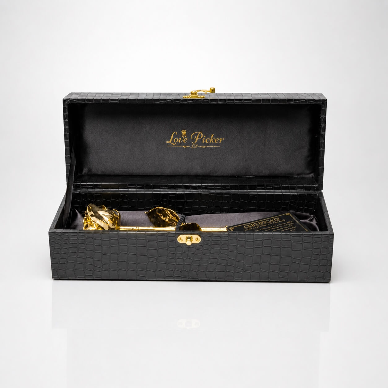 24k gold-plated rose in a black crocodile-textured box with a certificate on a white background Lovepicker for him 