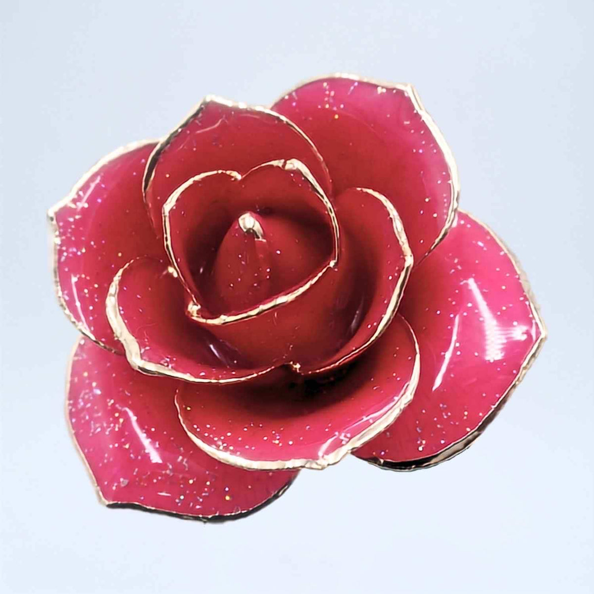 Blush pink glitter open bloom rose with 24K gold accents, bloom close-up