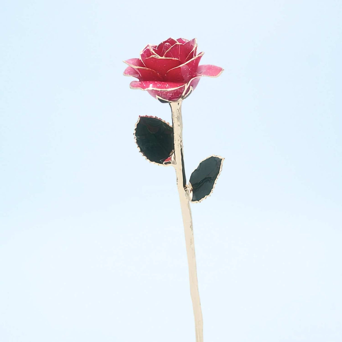 Blush pink glitter open bloom rose with 24K gold accents, full side view