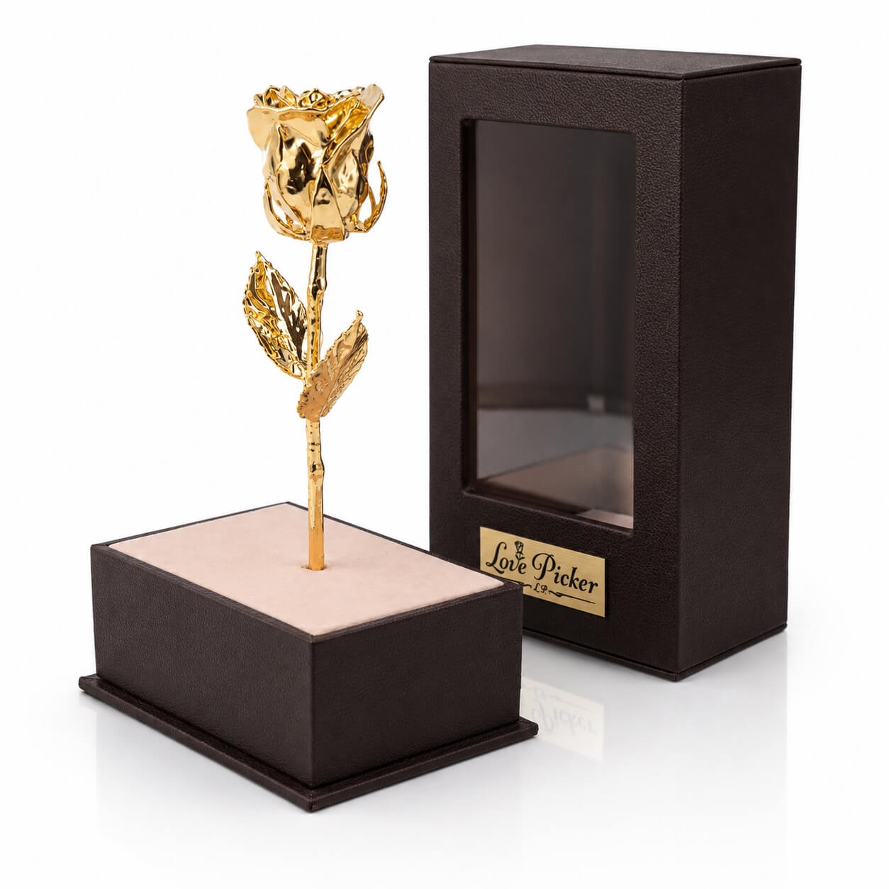 Gold rose in a black box with 'Love Picker' branding on a white background