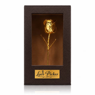Gold rose in a brown box with 'Love Picker' branding on a white background