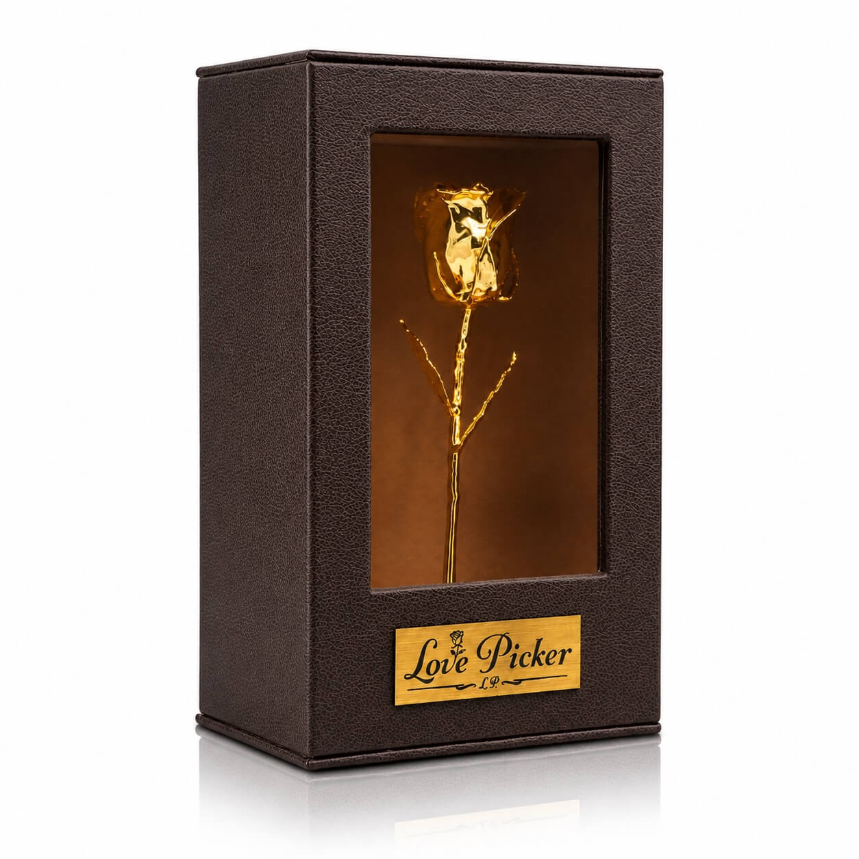 Gold rose in a brown box with 'Love Picker' branding on a white background