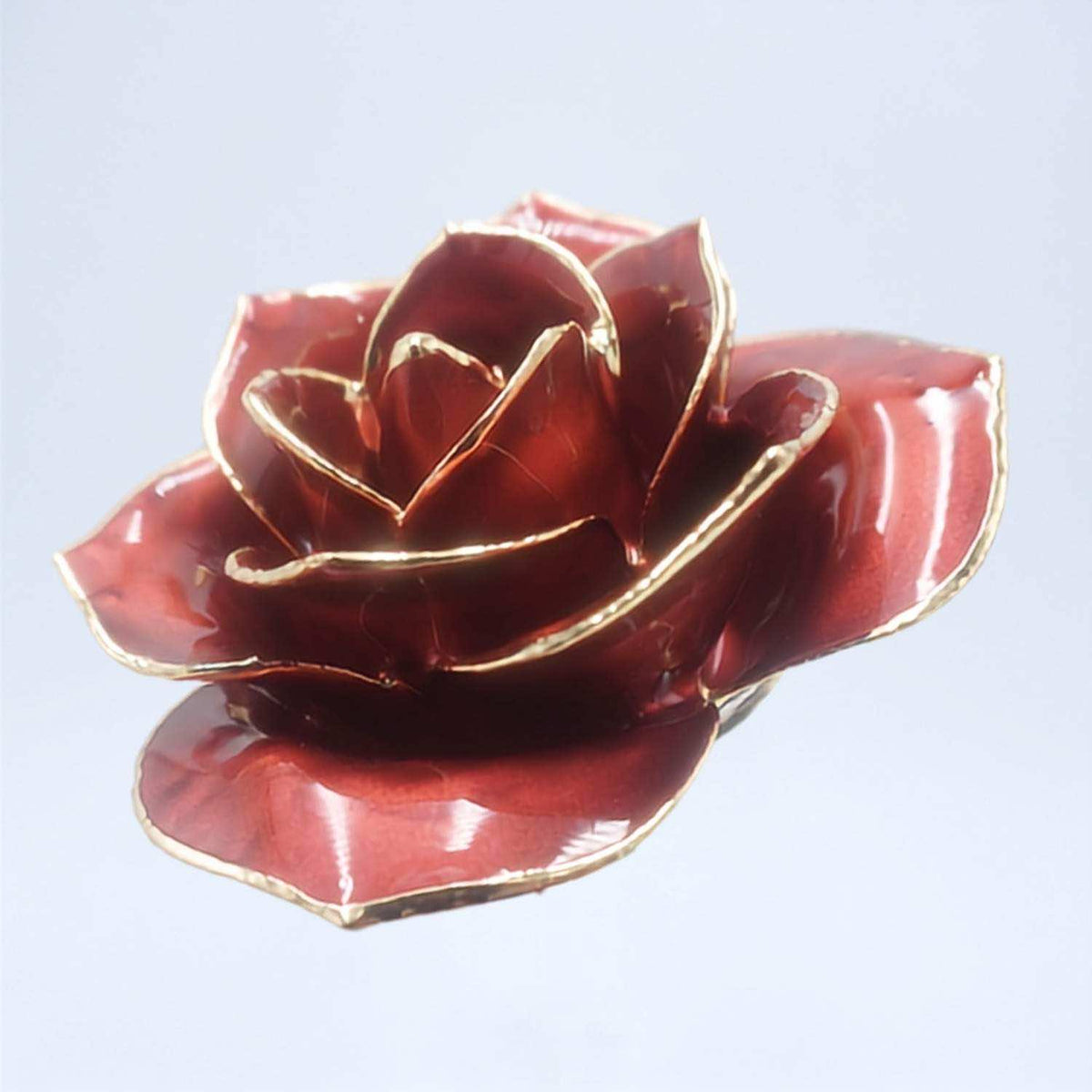Burgundy open bloom preserved rose with 24K gold accents, bloom close-up