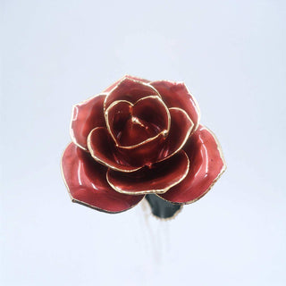 Burgundy open bloom preserved rose with 24K gold accents, close-up bloom view