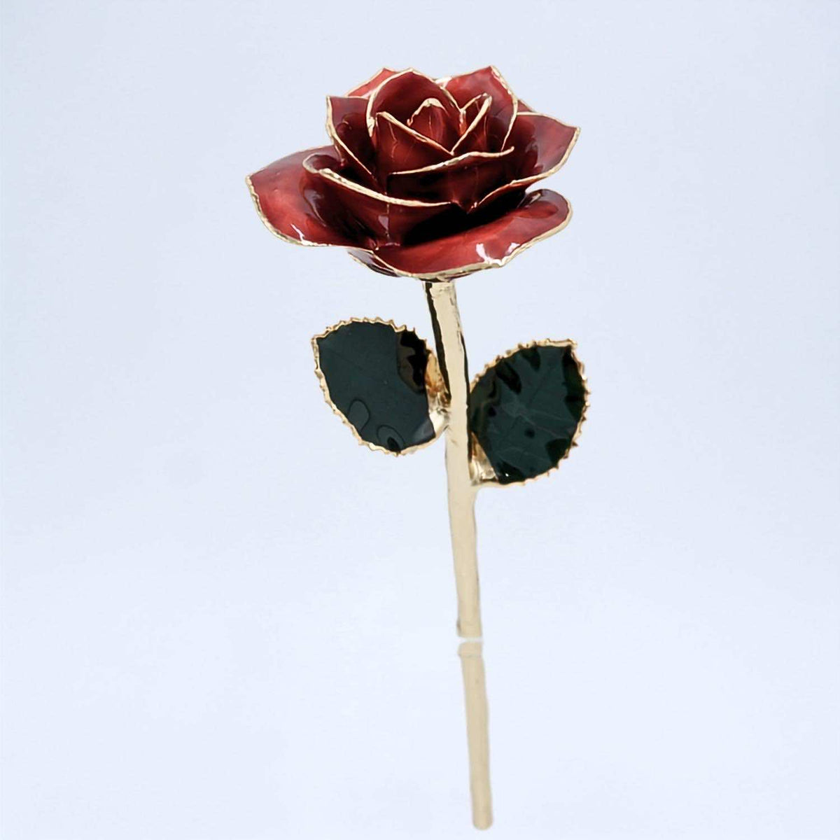 Burgundy open bloom preserved rose with 24K gold accents, half-length front view