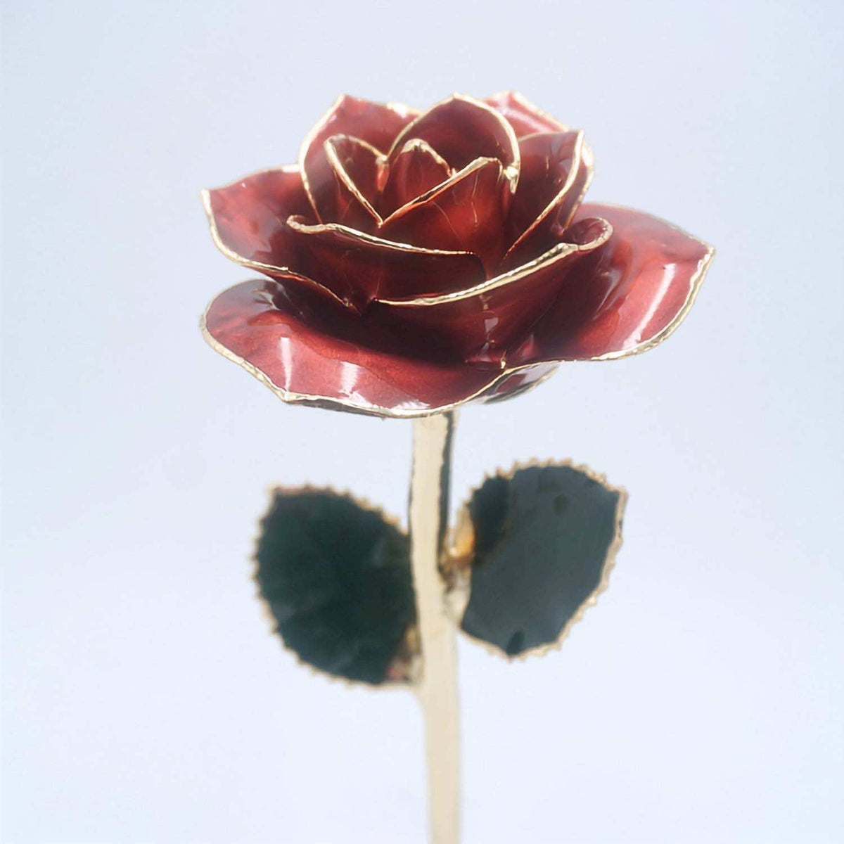 Burgundy open bloom preserved rose with 24K gold accents, close-up bloom view