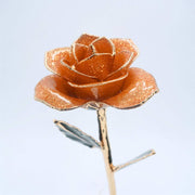 Burgundy glitter open bloom rose with 24K gold accents, angled half-length view