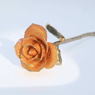 Burgundy glitter open bloom rose with 24K gold accents, close side view