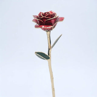 Burgundy glitter open bloom rose with 24K gold accents, full side view