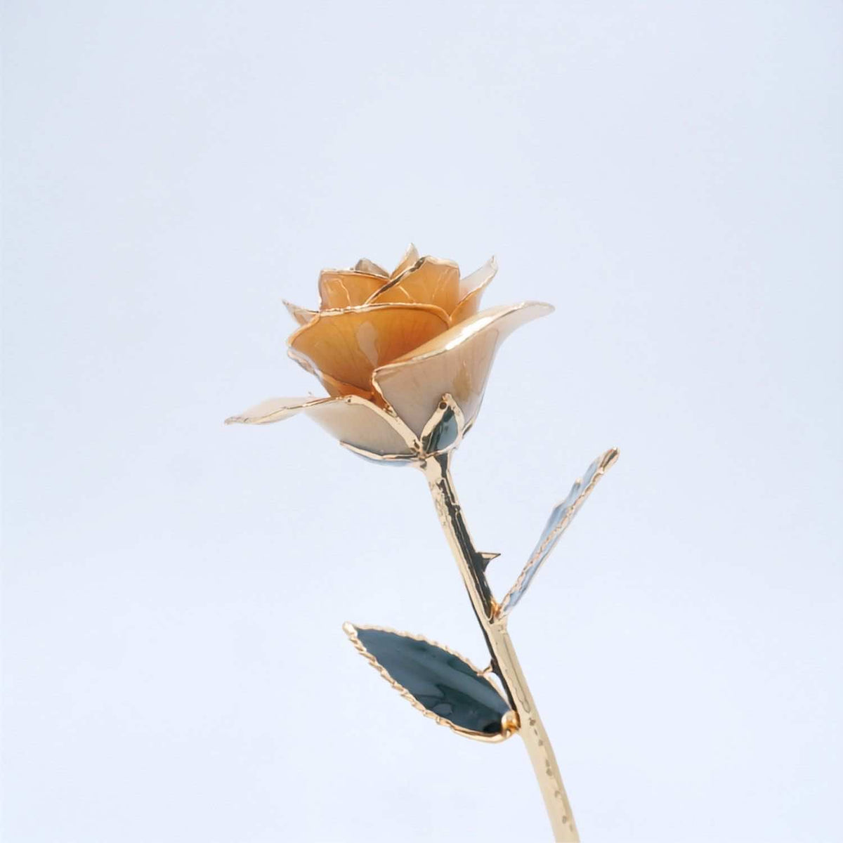 A single 24k rose flower with gold-toned petals and dark green leaves on a stem, photographed against a very light blue white background. Lovepicker store