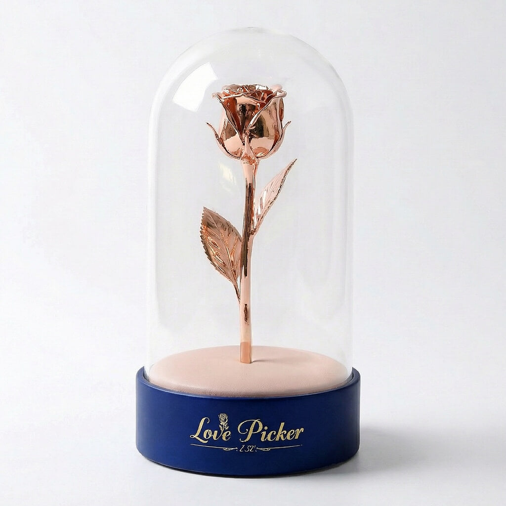 Rose gold rose inside a glass dome on a white background with 'Love Picker' branding.