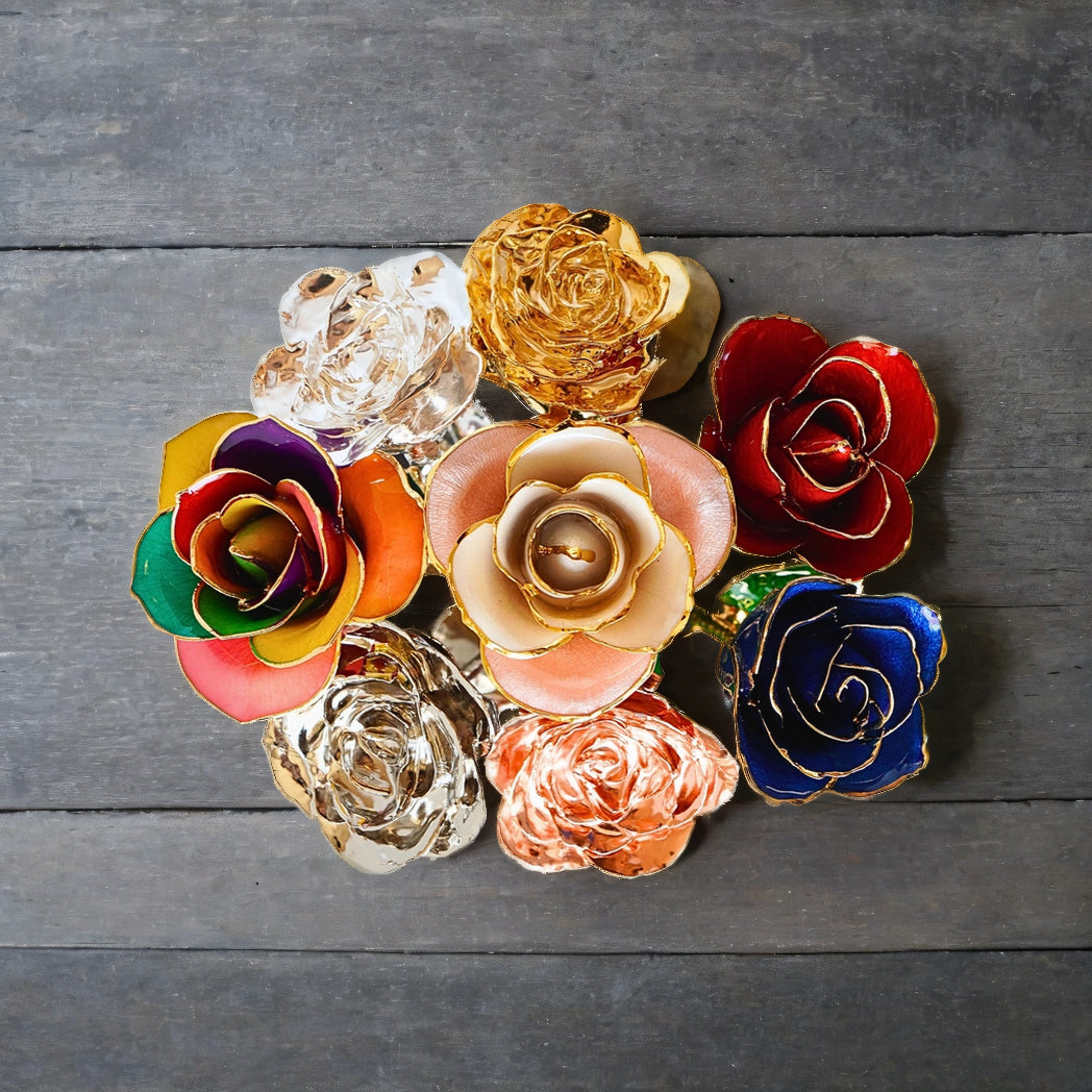 Colorful rose-shaped jewelry on a wooden surface
