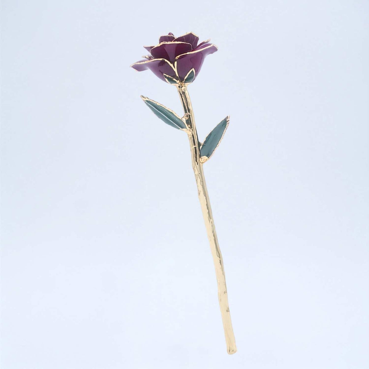 Dark purple open bloom preserved rose with 24K gold accents, full side view