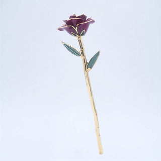 Dark purple open bloom preserved rose with 24K gold accents, full side view