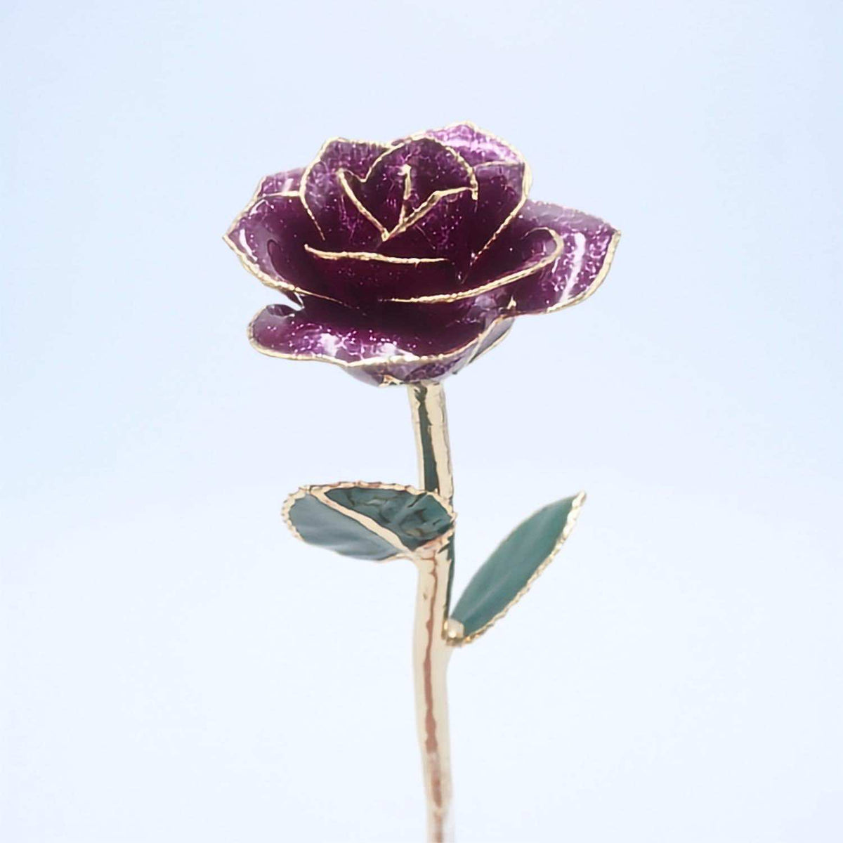 Dark purple glitter open bloom rose with 24K gold accents, full front view