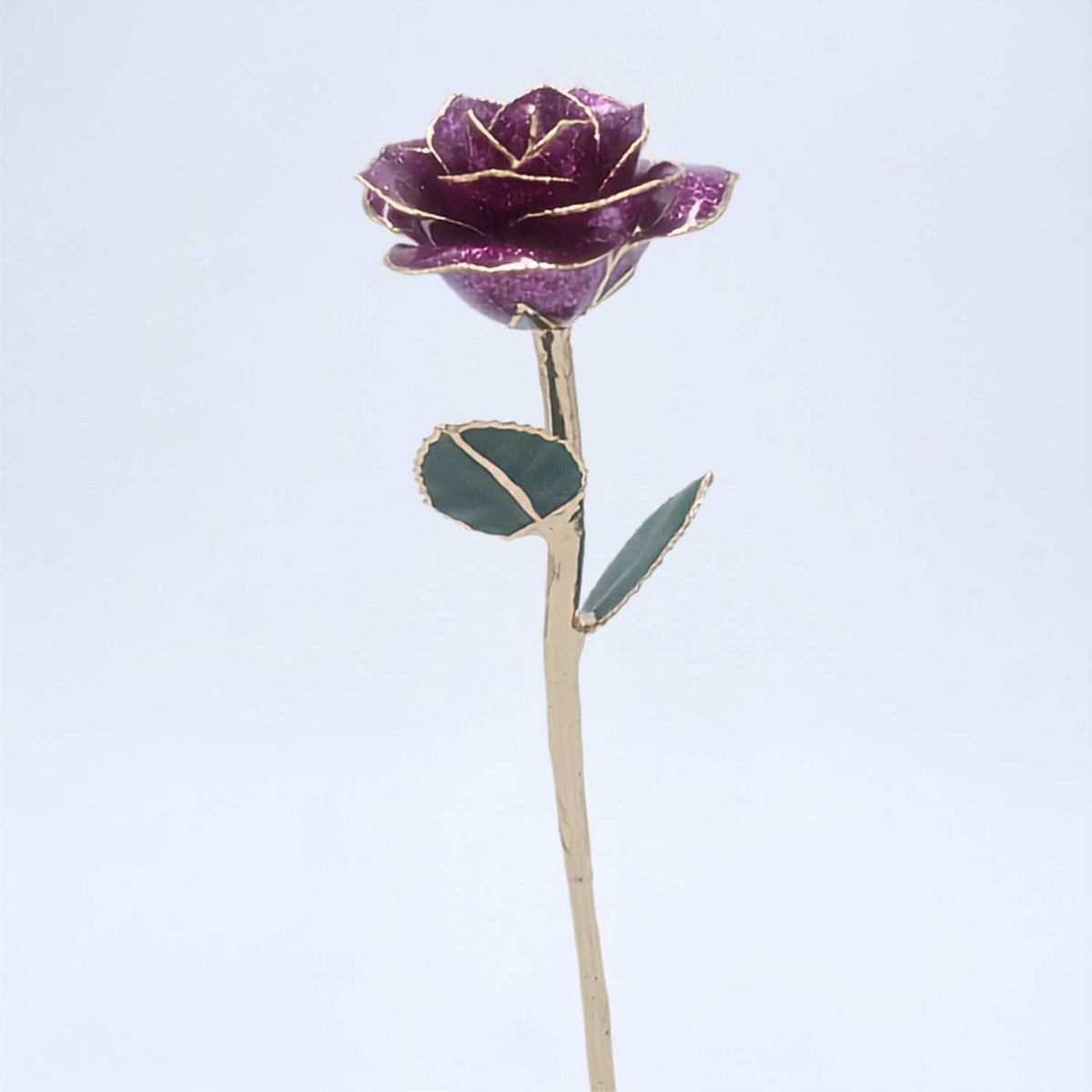 Dark purple glitter open bloom rose with 24K gold accents, full side view
