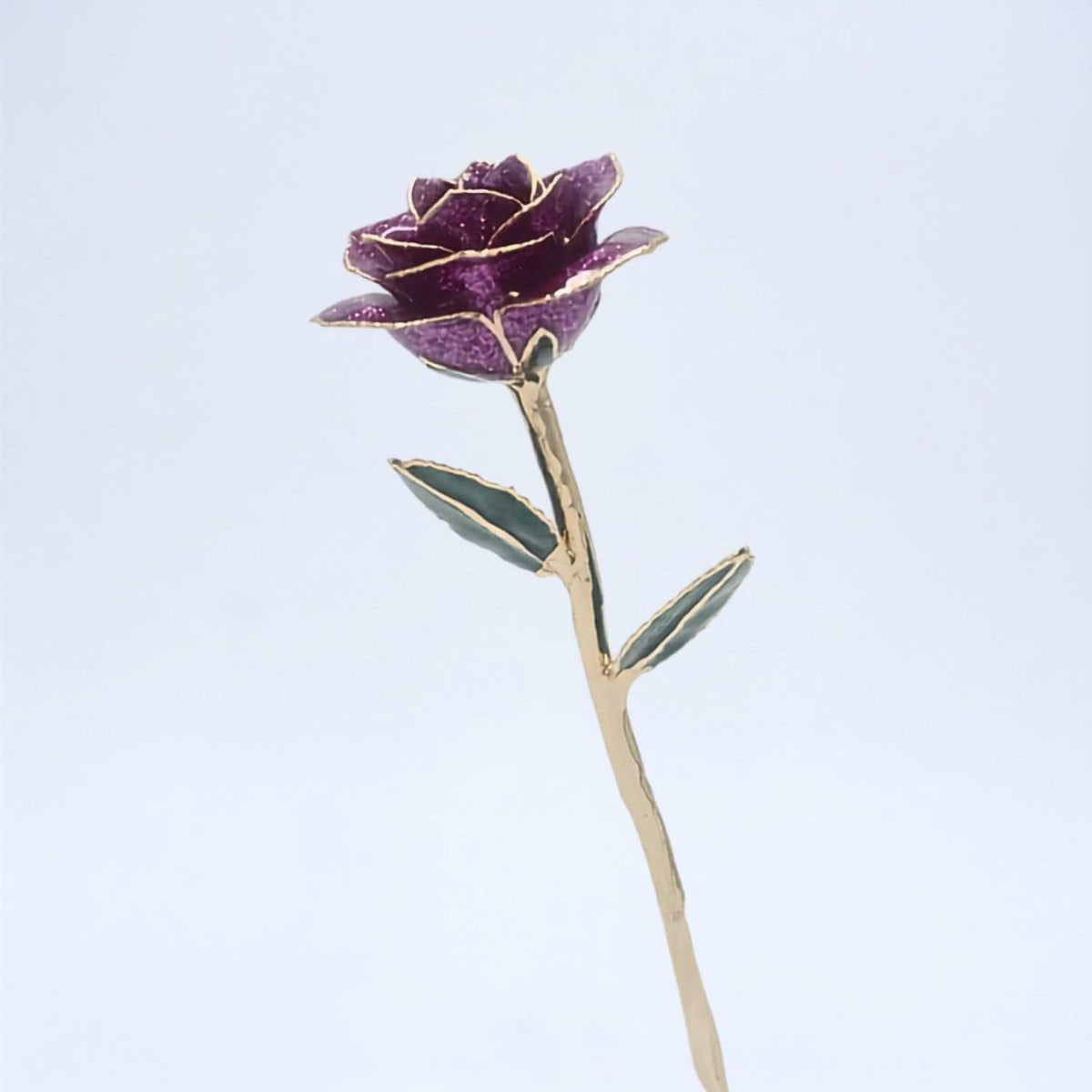 Dark purple glitter open bloom rose with 24K gold accents, angled half-length view