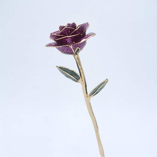 Dark purple glitter open bloom rose with 24K gold accents, angled half-length view