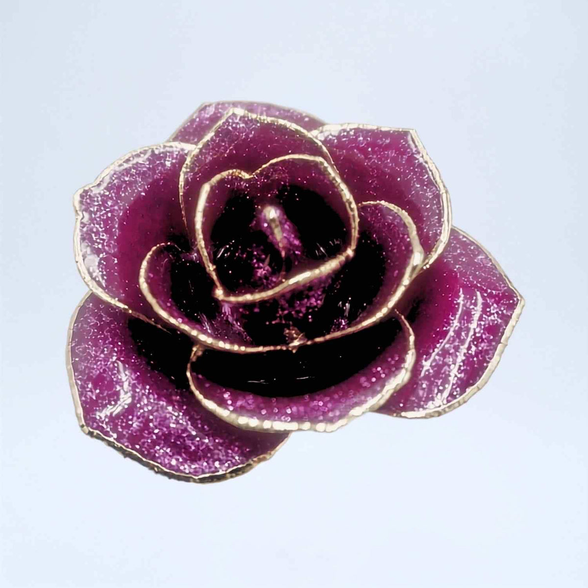 Dark purple glitter open bloom rose with 24K gold accents, close-up bloom view