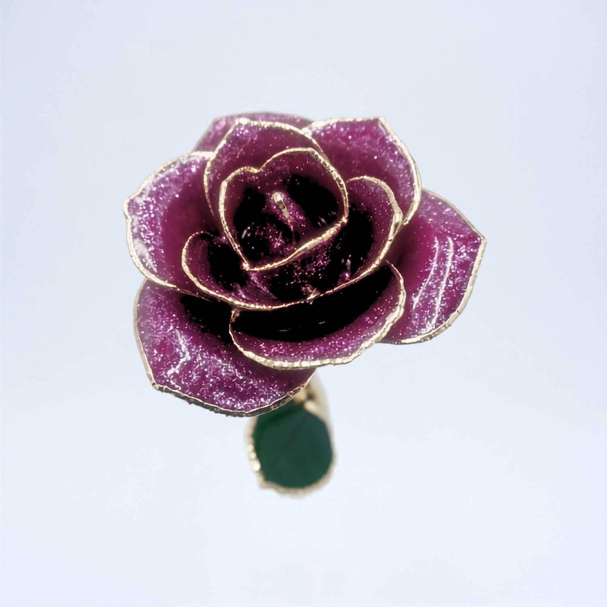 Dark purple glitter open bloom rose with 24K gold accents, top bloom view