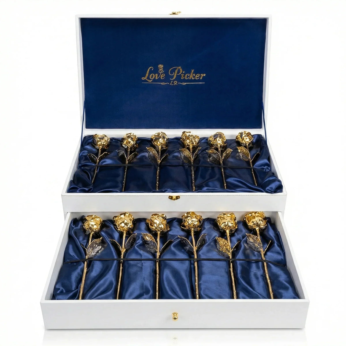 Box of twelve 24K gold preserved roses on blue satin, luxury gift arrangement