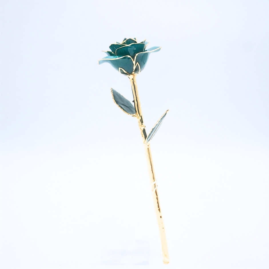 Emerald green open bloom preserved rose with 24K gold accents, full side view