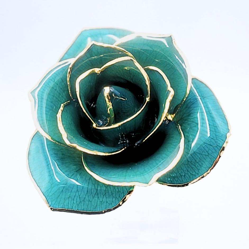 Emerald green open bloom preserved rose with 24K gold accents, close-up bloom view