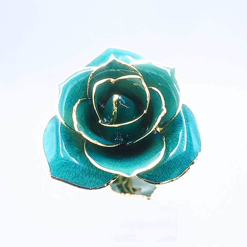 Emerald green open bloom preserved rose with 24K gold accents, close-up bloom view
